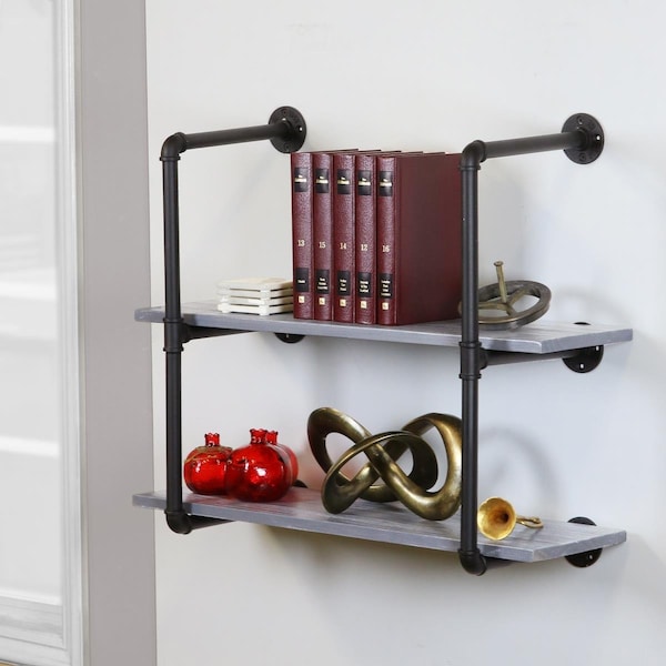 Warehouse Of Tiffany Feduor Pipe 2-Level Weathered Floating Wooden Bookshelves- Black & Gray U3-2LVL - main